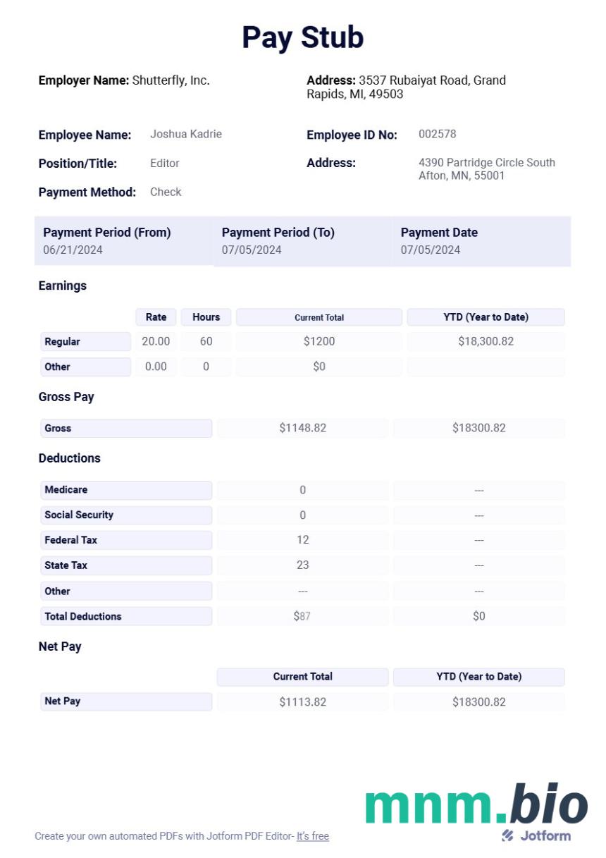 Shutterfly, Inc. szablon Pay stub w formatach Word i PDF